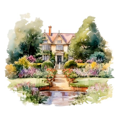 A traditional English cottage surrounded by a flower garden and garden, painted with watercolors on tourist design paper