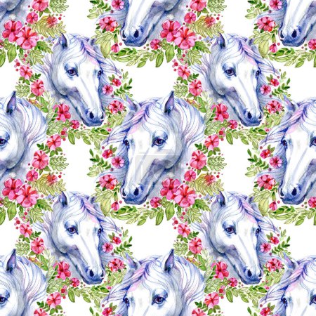 Seamless pattern with horses and flowers. For designing party invitations, greeting cards, flyers, covers, kids wearing, bedding, giftware. Girls background isolated on white.