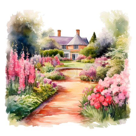 Téléchargez les photos : Un chalet traditionnel anglais entouré d'un jardin fleuri et d'un jardin, peint à l'aquarelle sur papier design touristique - en image libre de droit