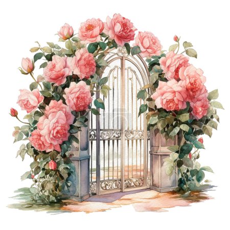 Téléchargez les photos : Jardin arc de mariage de fleurs tendres, branches et feuilles. Illustration aquarelle peinte à la main - en image libre de droit