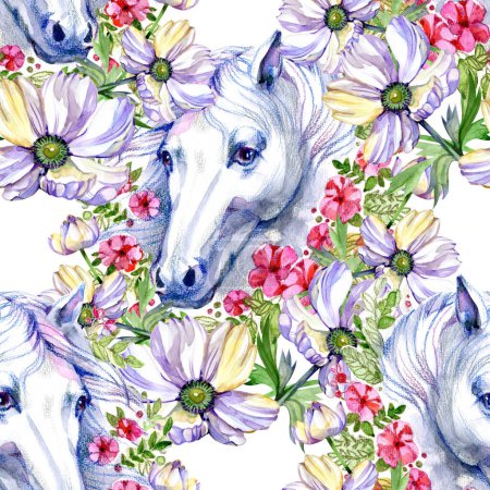 Photo for Seamless pattern with horses and flowers. For designing party invitations, greeting cards, flyers, covers, kids wearing, bedding, giftware. Girls background isolated on white. - Royalty Free Image