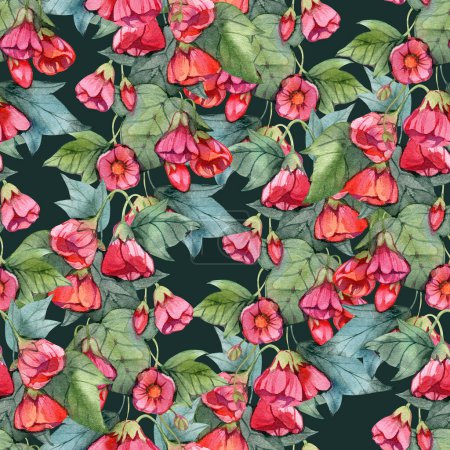 Watercolor seamless art abutilon flowers. Seamless pattern, digital paper, fabric design, surface design.