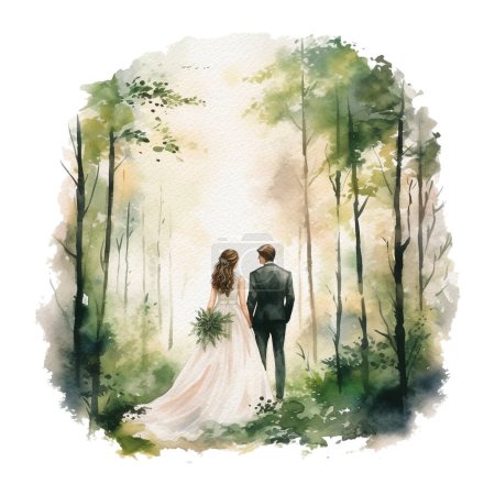 Téléchargez les photos : Couple amoureux de silhouette aquarelle tenant la main dans la forêt. Illustration de mariage aquarelle. - en image libre de droit
