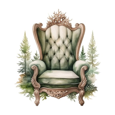Téléchargez les photos : Chaise vintage élégante avec décoration florale de forêt. Illustration de style aquarelle sur fond blanc - en image libre de droit