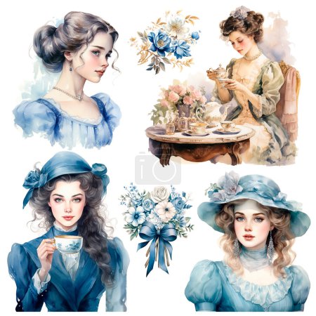 Téléchargez les photos : Classique historique vintage dames thé heure en 1910, aquarelle peinture illustration ensemble - en image libre de droit
