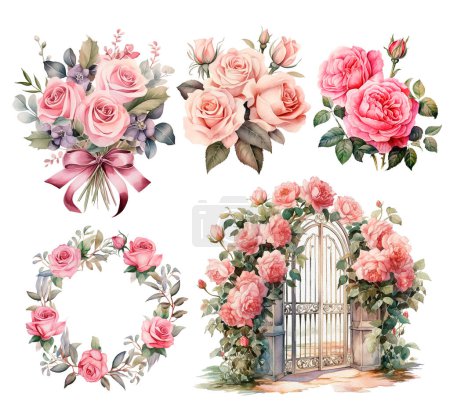 Téléchargez les photos : Jardin arc de mariage de fleurs tendres, branches et feuilles. Illustration aquarelle peinte à la main - en image libre de droit