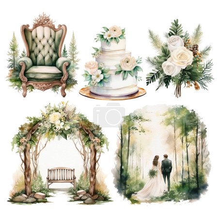 Aquarell handgemaltes Illustrationsset mit grünen Blättern, Blumen und Zweigen. Frühlings- oder Sommerblumen für Einladungen, Waldhochzeiten oder Grußkarten
