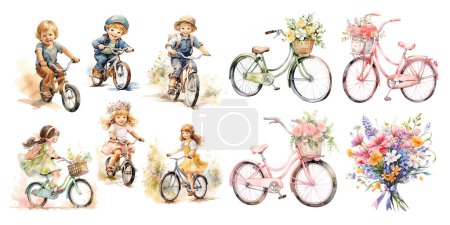 Téléchargez les photos : Enfants Filles Enfants avec vélo. Fille en vélo. Enfant en promenade. Clipart aquarelle isolé sur fond blanc - en image libre de droit