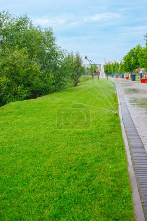 Photo for Beautiful city park with green grass. Park in the morning time with automatical watering. Path in the park for walking - Royalty Free Image