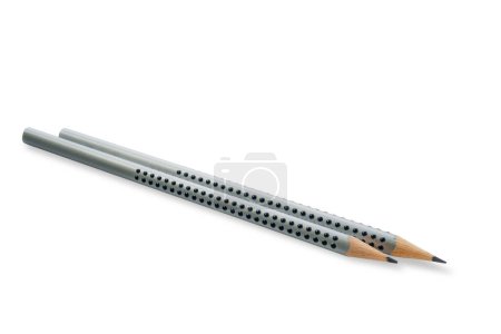 Foto de Dos lápices de madera grises con las gotas de goma aisladas sobre un fondo blanco. Pase de recorte. Nitidez en todo el tema - Imagen libre de derechos