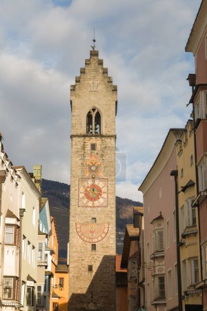 Photo for View of Vipiteno (Sterzing), Italy, the Zwoelferturm tower (Tower of the twelve), a landmark of the old town in South Tyrol - Royalty Free Image