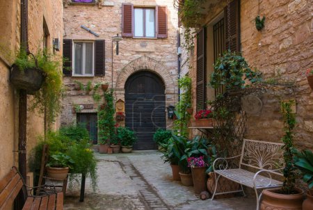 Téléchargez les photos : SPELLO, ITALIE - 8 MAI 223 : Charmantes rues étroites florales de villages typiquement italiens. Spello en Ombrie - célèbre avec des murs fleuris décorés. Italie - en image libre de droit