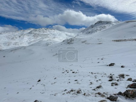 Winter view of high mountains near the Lago della Duchessa in Lazio, Italy