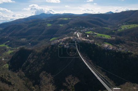 Panoramic view of the highest Tibetan bridge in Europe in the small town of Sellano, Umbria region, Italy