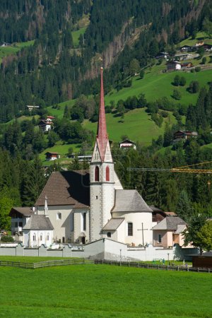 View of the church of San Pancrazio (Kirche St. Pankraz) in Mareta, Val Ridanna, Italy
