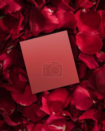 Foto de Una caja de pétalos de rosa roja top view poster idea - Imagen libre de derechos