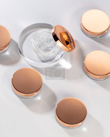Photo for Jar with blank label for cosmetics makeup removal or application, powder and skin care. Product template for advertising - Royalty Free Image