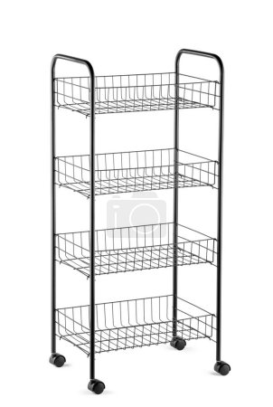 Functional black four-tiered metal storage cart on wheels with spacious mesh baskets, ideal for home and office organization, against white background. Interior accessory with minimalistic design