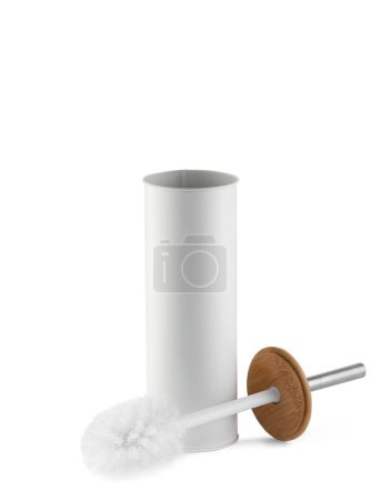 Foto de Cepillo de baño minimalista blanco con mango de metal y tapa de madera para la limpieza del baño con toque de elegancia. Elegante accesorio para el diseño interior moderno, que combina funcionalidad y estética - Imagen libre de derechos