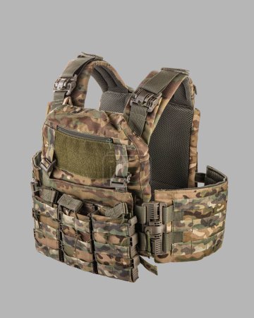 Detailed view of modern camouflage military tactical vest with MOLLE system, multiple pouches, and heavy-duty buckles, isolated on grey background 