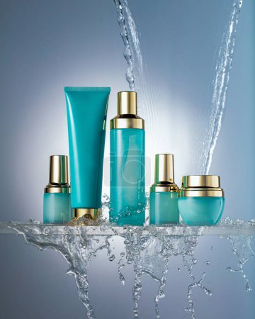 Refreshing range of aqua-themed skincare products elegantly perched on glass shelf in dynamic streams of water splashes, symbolizing intense hydration and purity. Self care and beauty concept