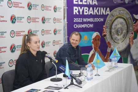 Photo for Almaty, Kazakhstan - 11.30.2022 : Press conference of the Kazakh athlete Elena Rybakina. Winner of the Grand Slam singles tournament Wimbledon 2022. - Royalty Free Image
