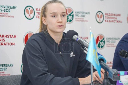 Photo for Almaty, Kazakhstan - 11.30.2022 : Press conference of the Kazakh athlete Elena Rybakina. Winner of the Grand Slam singles tournament Wimbledon 2022. - Royalty Free Image