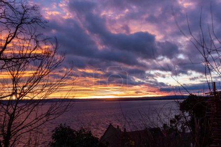 Dramatic skies over Lake Constance near Meersburg. Sunset the day before Christmas 2023