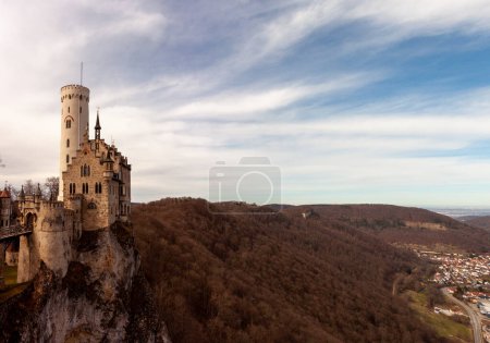 Panorama of the Honau valley in the low Swabian Albian mountain range. On the left is Lichtenstein Castle. Germany