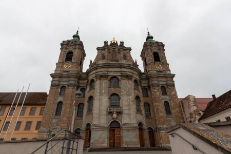 Facade of Saint Martin's Basilica in Weingarten. Former main church of Weingarten abbey. Baroque catholic cathedral