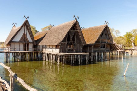 Stilt houses (Pfahlbauten), Stone and Bronze age dwellings in Unteruhldingen town, Lake Constance (Bodensee), Baden-Wurttemberg state, Germany