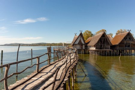 Stilt houses (Pfahlbauten), Stone and Bronze age dwellings in Unteruhldingen town, Lake Constance (Bodensee), Baden-Wurttemberg state, Germany