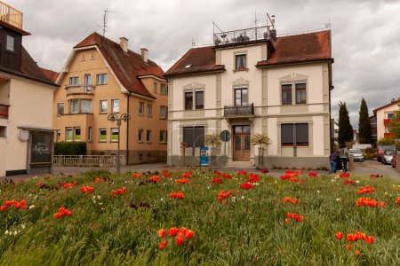 LANGENARGEN, GERMANY - APRIL 16, 2024: Picturesque old building and flowers in Langenargen near Bodensee