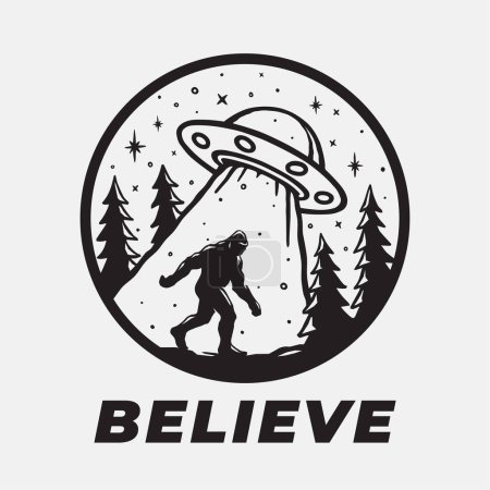 Illustration for Bigfoot and UFO sticker design. Sasquatch alien abduction art. Flying saucer cryptid believe t-shirt design. Vector illustration. - Royalty Free Image