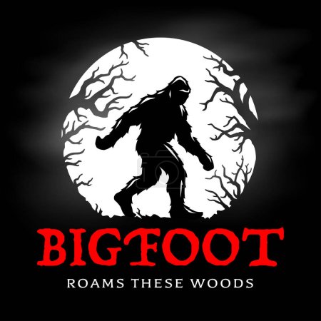 Illustration for Bigfoot roams these woods graphic. Sasquatch full moon silhouette. Hairy wild man creature in the forest. Mythical cryptid skunk-ape poster. Vector illustration. - Royalty Free Image