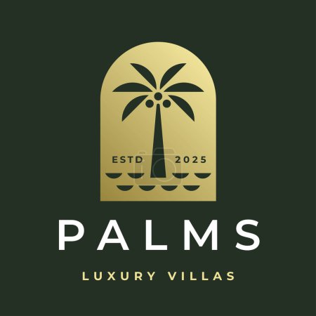 Illustration for Palm tree logo. Luxury villas icon. Coconut tree emblem. Tropical beach paradise brand label. Exotic island resort summer vacation sign. Vector illustration. - Royalty Free Image