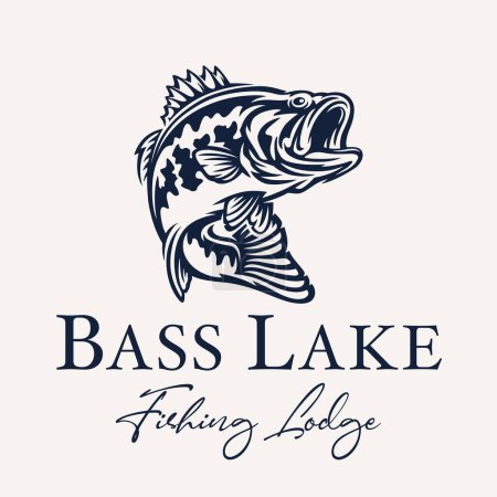 Logodesign der Fischerhütte am Basssee. Largemouth Bass Jumping Ikone. Emblem für Süßwasserfische beim Angeln. Vektorillustration.