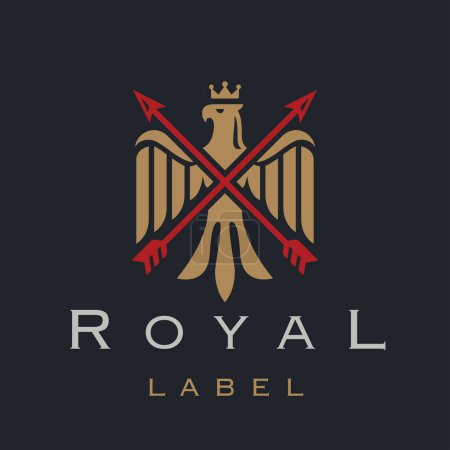 Royal eagle logo design. Luxury falcon heraldry icon. Heraldic bird with crossed arrows and crown brand label. Vector illustration.