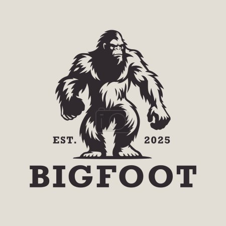 Illustration for Bigfoot logo design. Sasquatch brand icon. Yeti symbol. Wood ape emblem. Mythical cryptid creature vector illustration. - Royalty Free Image