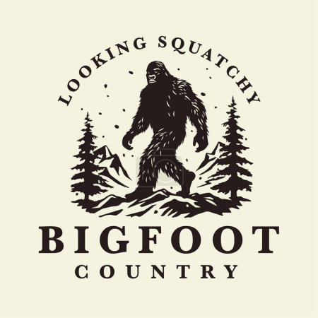 Illustration for Bigfoot country logo design. Sasquatch brand icon. Yeti symbol. Looking squatchy emblem. Mythical cryptid creature vector illustration. - Royalty Free Image