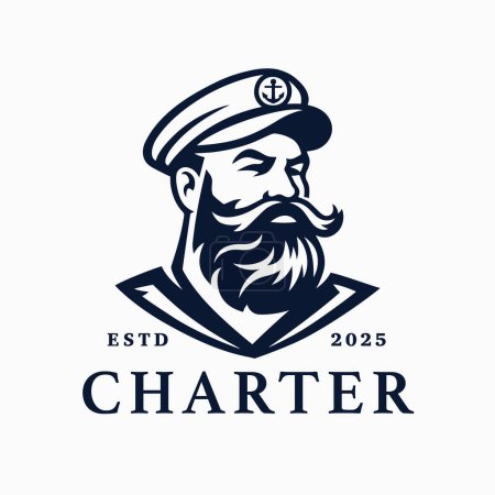 Illustration for Boat charter captain logo. Mustache bearded sailor icon. Maritime skipper emblem. Vintage nautical seafarer symbol. Vector illustration. - Royalty Free Image