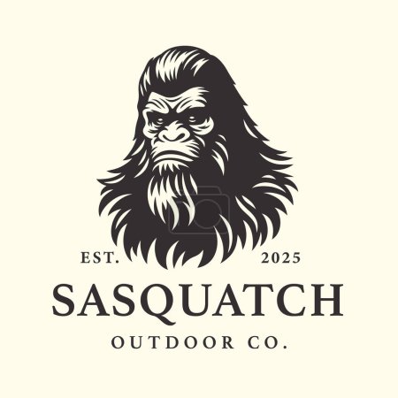 Illustration for Bigfoot logo design. Sasquatch face brand icon. Yeti symbol. Wood ape emblem. Mythical cryptid creature vector illustration. - Royalty Free Image