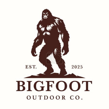 Téléchargez les illustrations : Logo silhouette Bigfoot design. Sasquatch icône de la marque de marche. Symbole yéti. Emblème de singe. Illustration vectorielle de créature cryptique mythique. - en licence libre de droit