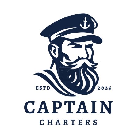 Illustration for Boat charter captain logo. Mustache bearded sailor icon. Maritime skipper emblem. Vintage nautical seafarer symbol. Vector illustration. - Royalty Free Image