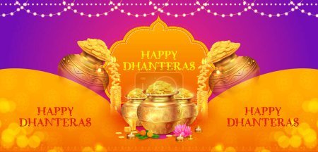 Ilustración de Ilustración de Moneda de oro en maceta para la celebración de Dhantera en el feliz festival de luz Diwali de fondo de la India - Imagen libre de derechos
