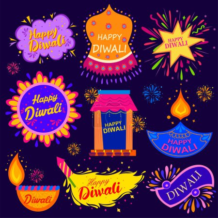 illustration of desi style badge template background with burning diya on Happy Diwali Holiday for light festival of India