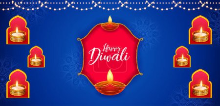 Téléchargez les illustrations : Illustration of banner template background with burning diya on Happy Diwali Holiday for light festival of India - en licence libre de droit