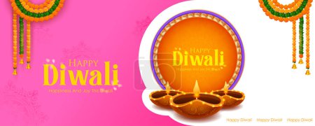 Ilustración de Illustration of banner template background with burning diya on Happy Diwali Holiday for light festival of India - Imagen libre de derechos