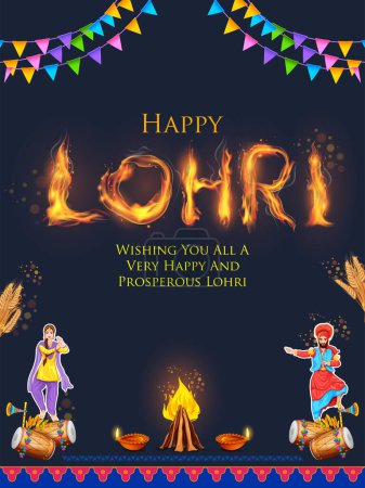 Téléchargez les illustrations : Illustration of people celebrate and dancing bhangra for Happy Lohri holiday background for Punjabi festival India - en licence libre de droit