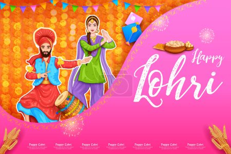 Illustration for Illustration of people celebrate and dancing bhangra for Happy Lohri holiday background for Punjabi festival India - Royalty Free Image
